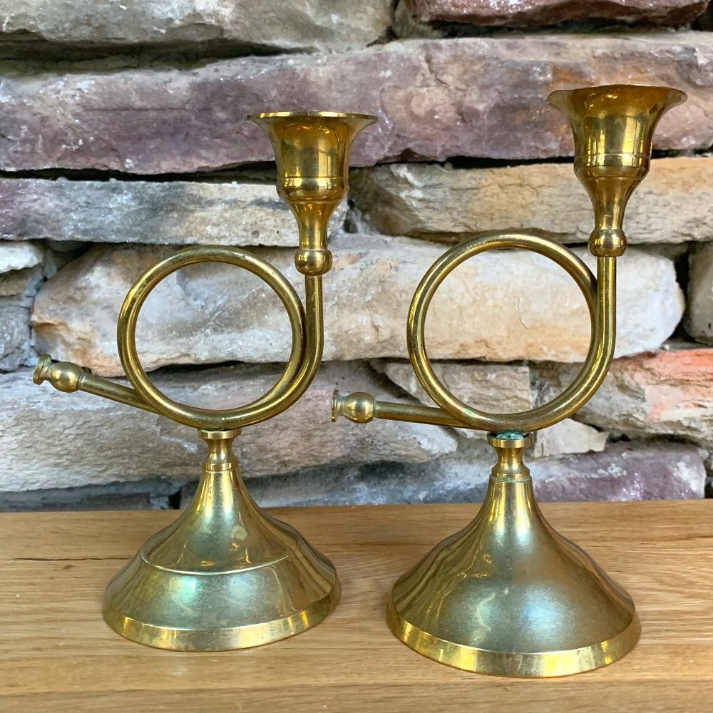 VTG 2 Brass French Horn Christmas Candle Holders Holiday Boho Decor India